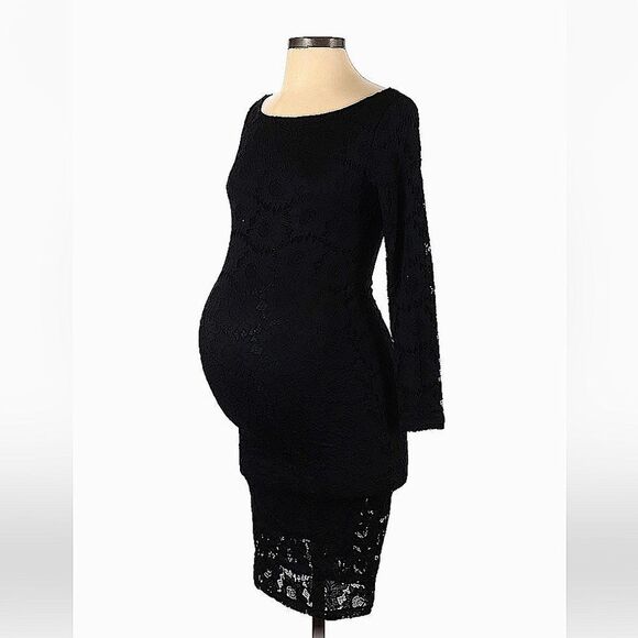 Ingrid & Isabel Maternity Black Lace Boatneck Bodycon Long Sleeve Midi Dress XS - Picture 1 of 8